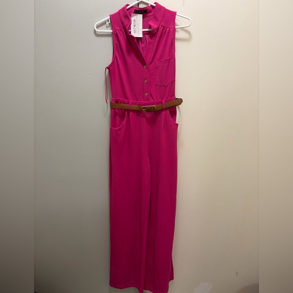 NWT Fuchsia Sleeveless Belted Jumpsuit Wide Leg Minimalist - Picture 2 of 8